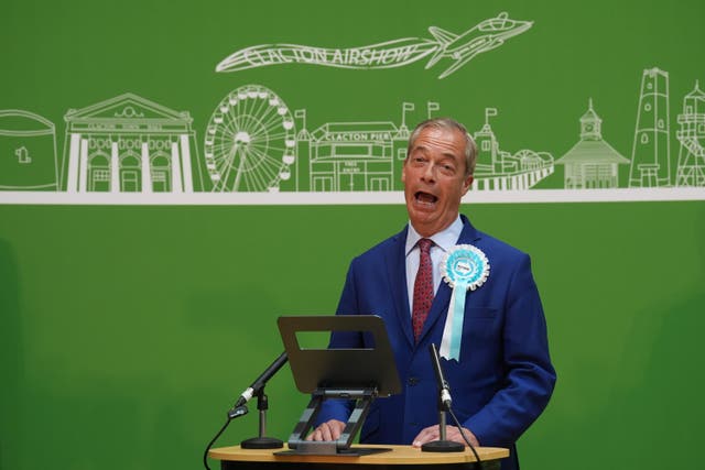 <p>Reform UK leader Nigel Farage gives his victory speech at Clacton Leisure Centre in Essex, UK </p>