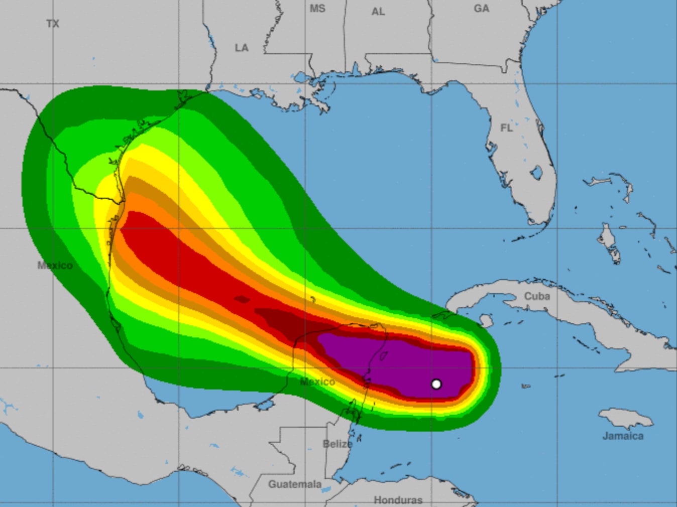 Danger zone: Predictions of strongest winds (purple) as Hurricane Beryl moves west