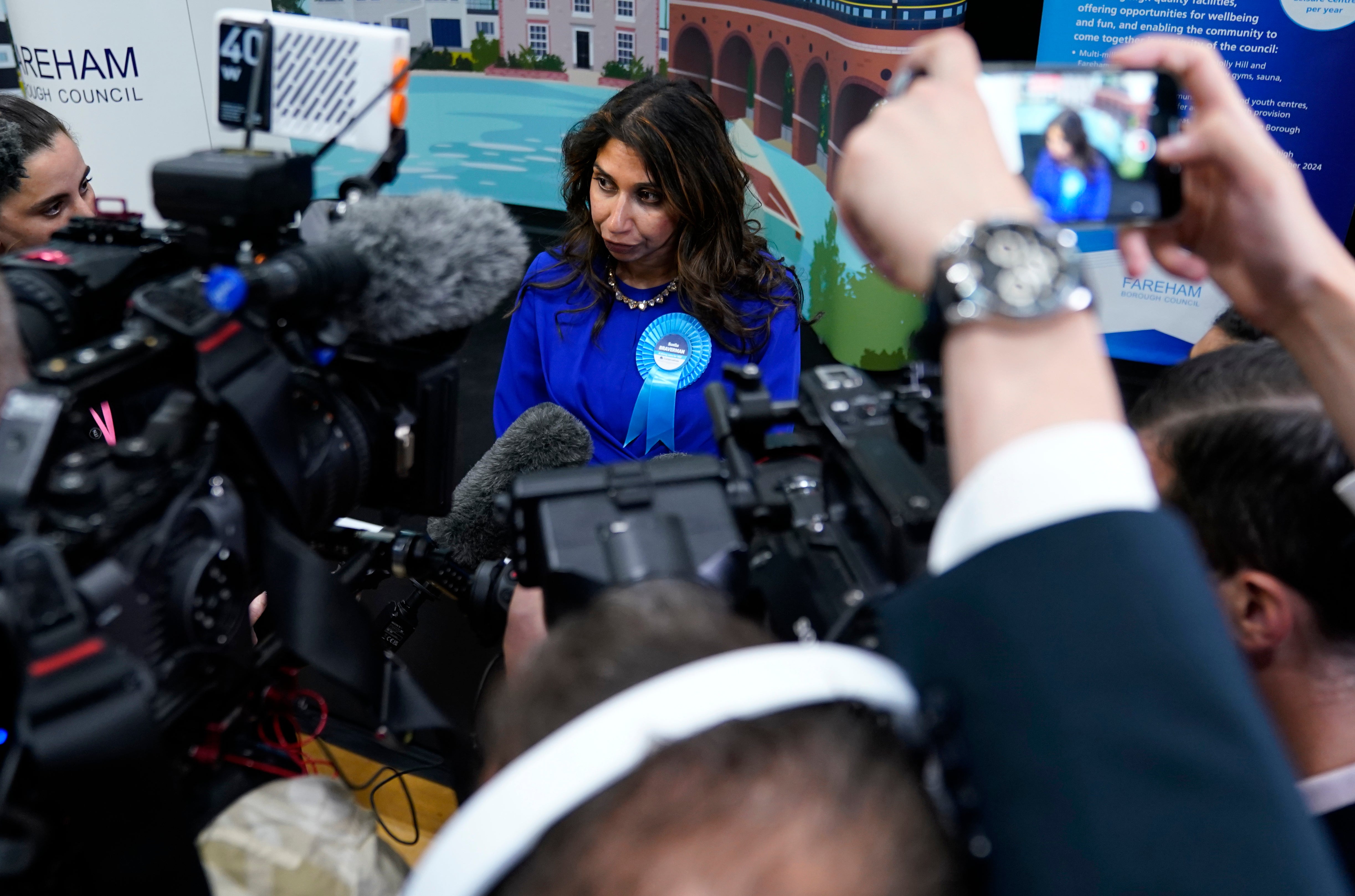 Former home secretary Suella Braverman speaks with members of the media at Fareham Leisure Centre in Fareham, Hampshire, after her victory in the Fareham and Waterlooville constituency in the 2024 General Election. Picture date: Friday July 5, 2024.