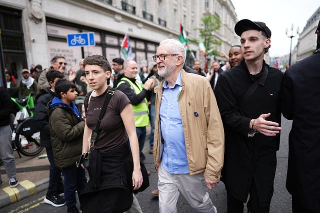 <p>Former Labour Party leader Jeremy Corbyn takes part in a Nakba 76 pro-Palestine demonstration and march in London to mark the mass displacement of Palestinians in 1948, referred to as the Nakba</p>