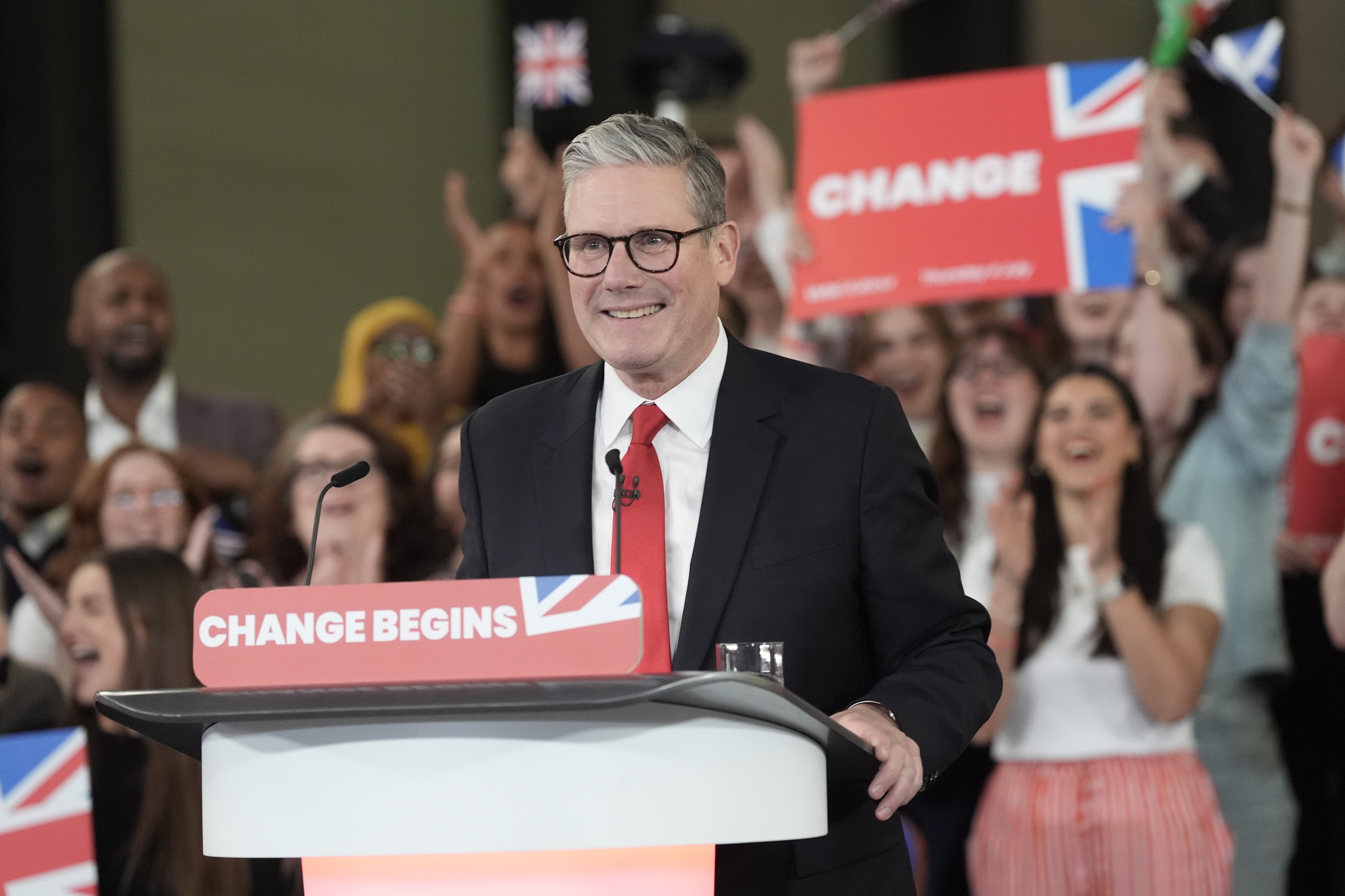 Labour leader Sir Keir Starmer delivers his victory speech at the Tate Modern, London