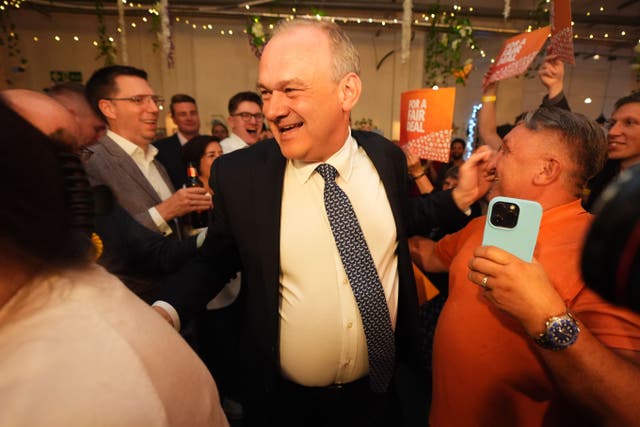 Liberal Democrat leader Sir Ed Davey at the London Art Bar, celebrating his party’s election results (James Manning/PA)