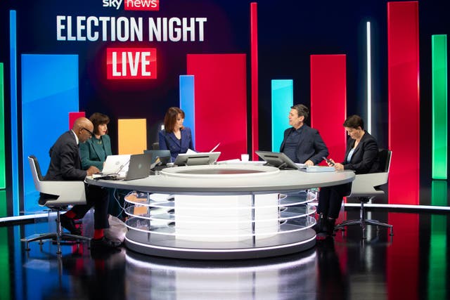 <p>Sky’s election team included (from left) Trevor Phillips, political editor Beth Rigby, presenter Kay Burley, Greater Manchester mayor Andy Burnham and former Scottish Conservatives leader Ruth Davidson </p>