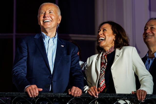 <p>Joe Biden and Kamala Harris showed no signs of animosity on Thursday evning at the July 4 White House event  </p>