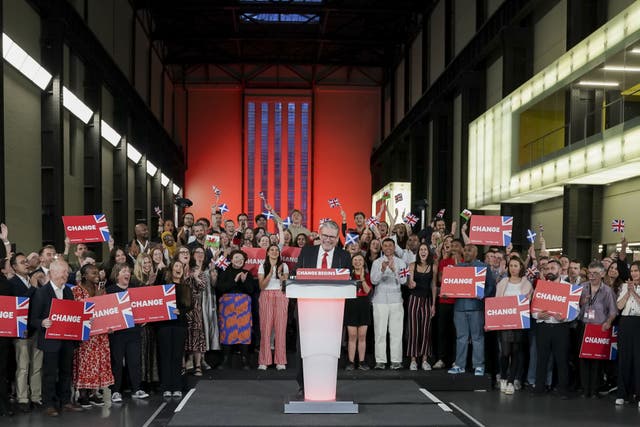 Labour leader Sir Keir Starmer speaks to supporters at a watch party for the results of the 2024 General Election in central London (Jeff Moore/PA)