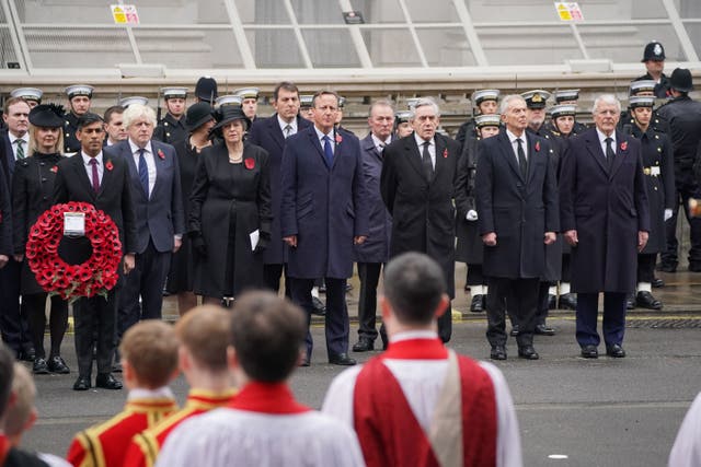 On Remembrance Sunday 2023, Prime Minister Rishi Sunak was joined by all seven surviving former prime ministers: Liz Truss, Boris Johnson, Theresa May, David Cameron, Gordon Brown, Sir Tony Blair and Sir John Major (Jonathan Brady/PA)