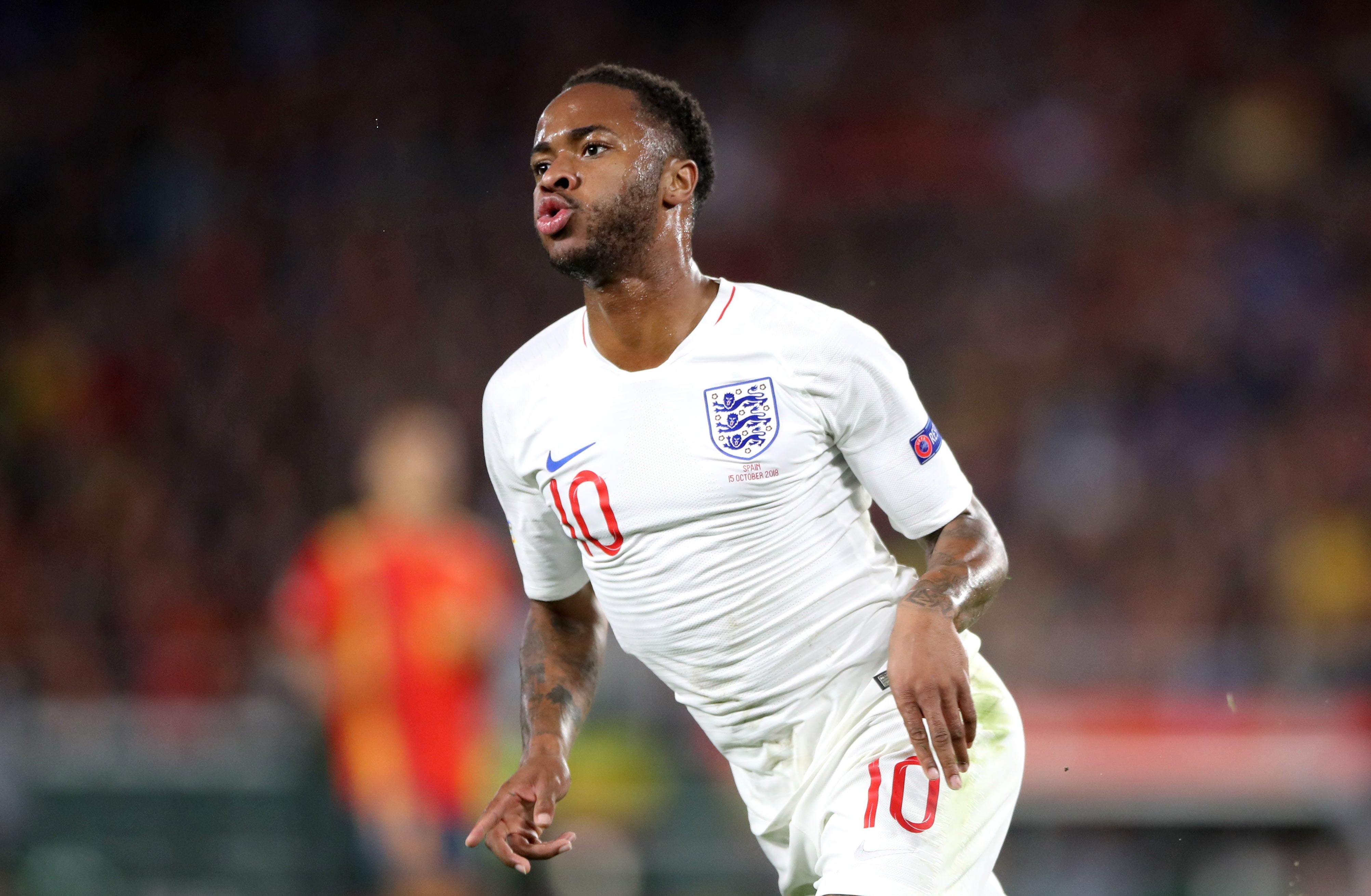 England’s Raheem Sterling celebrates scoring his side’s first goal of the game during the Nations League match against Spain. (Nick Potts/PA)