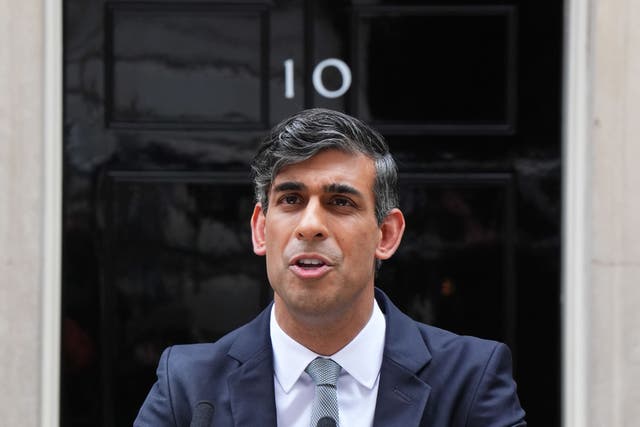 <p>Rishi Sunak gives a speech outside 10 Downing Street following the Conservatives’ landslide defeat to Labour</p>
