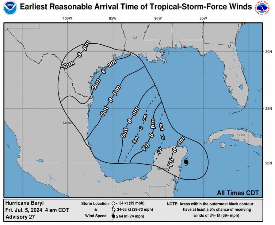 Map shows arrival time of tropical storm force winds