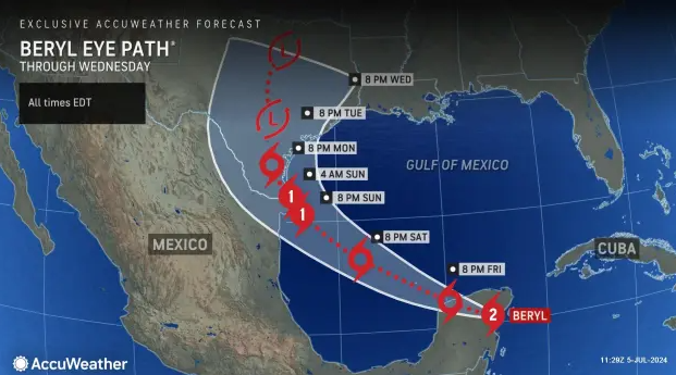 AccuWeather forecast for path of Hurricane Beryl as makes landfall in Mexico