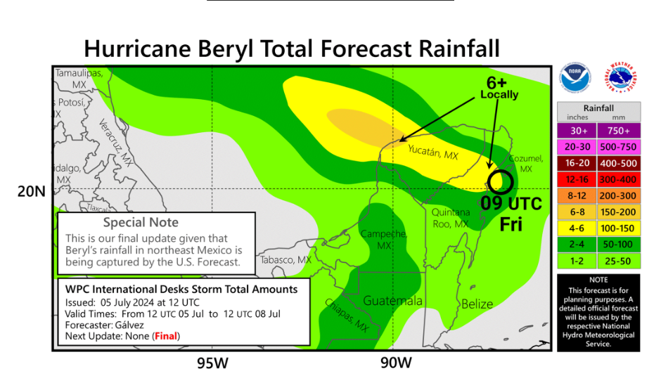 Through Friday Beryl is expected to produce rainfall totals of four to six inches, with localized amounts of 10 inches, across the Yucatan Peninsula