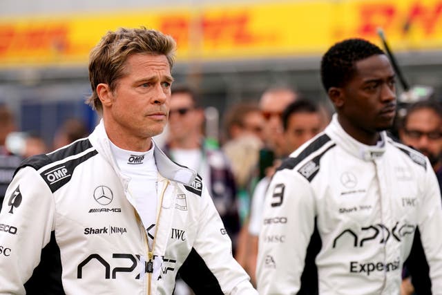 <p>Brad Pitt (left) and Damson Idris are filming for the new movie, F1 (Tim Goode/PA)</p>