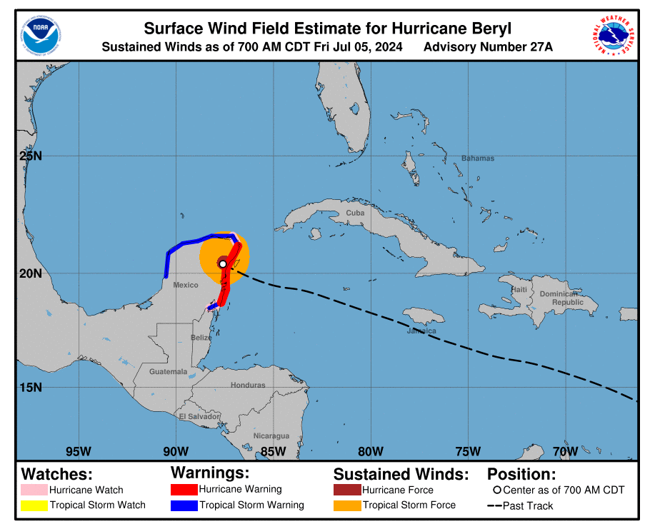 Map shows Hurricane Beryl reaching the Yucatan Peninsula on Friday morning