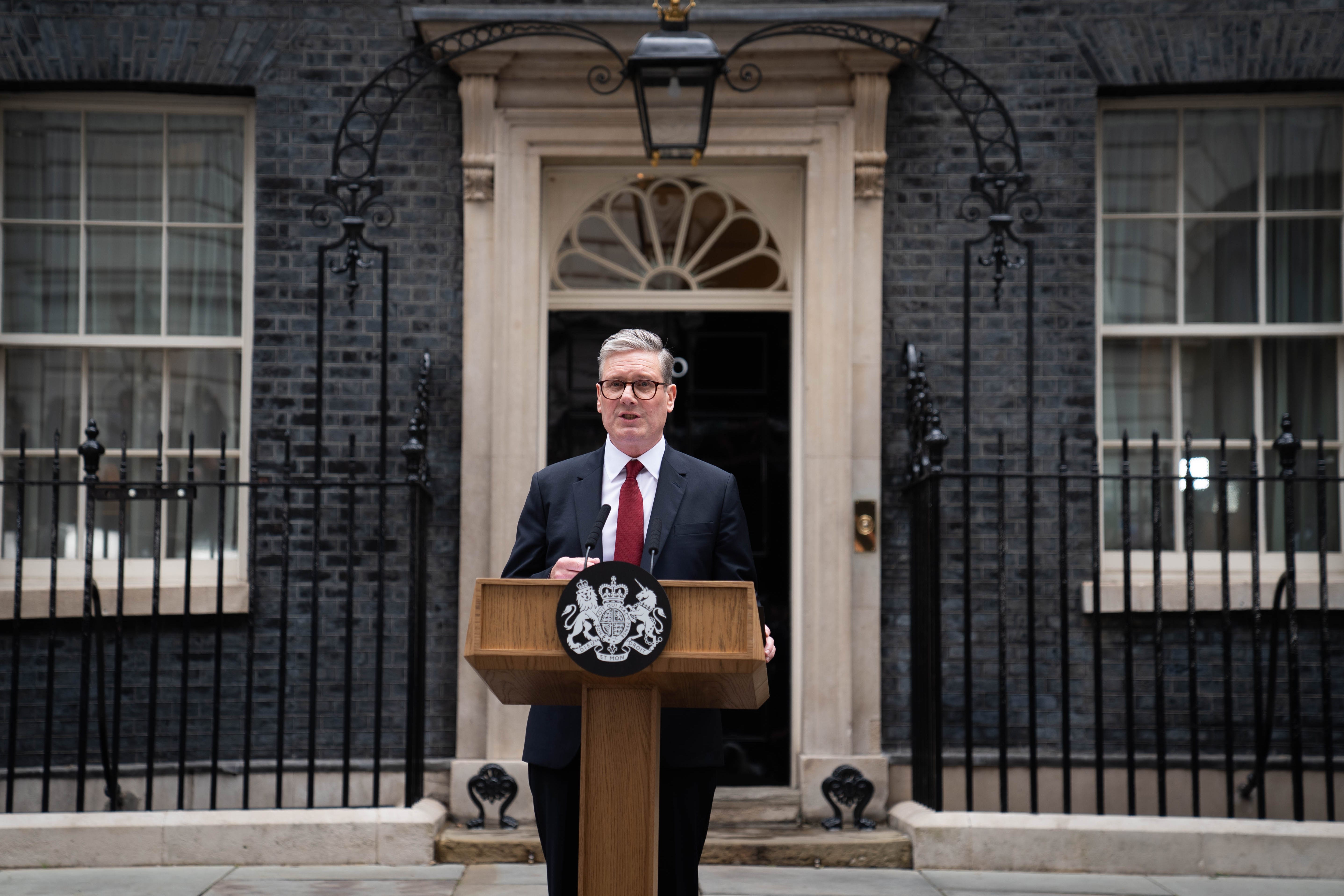 Newly elected Prime Minister Sir Keir Starmer gives a speech at his official London residence at No 10 Downing Street for the first time after the Labour party won a landslide victory at the 2024 General Election. Picture date: Friday July 5, 2024.