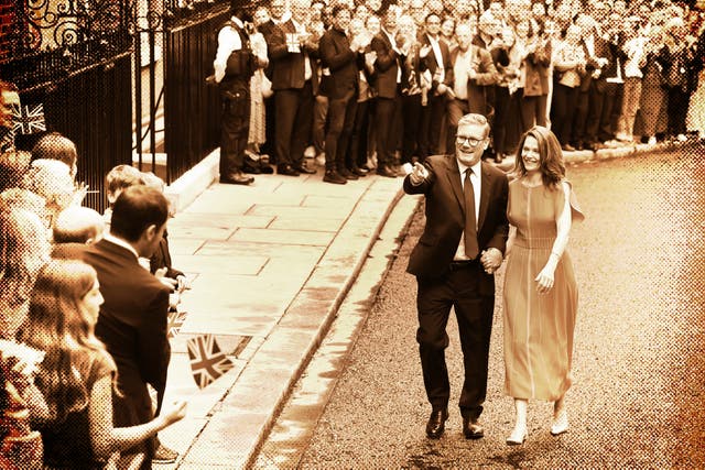 <p>The newly elected prime minister and his wife Victoria greet crowds outside No 10 </p>