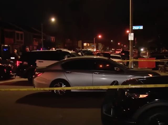 <p>Huntington Beach Police at the taped-off scene of a fatal Fourth of July stabbing in Huntington Beach, California. The stabbing left two people dead and three others injured. A suspect was taken into custody at the scene</p>