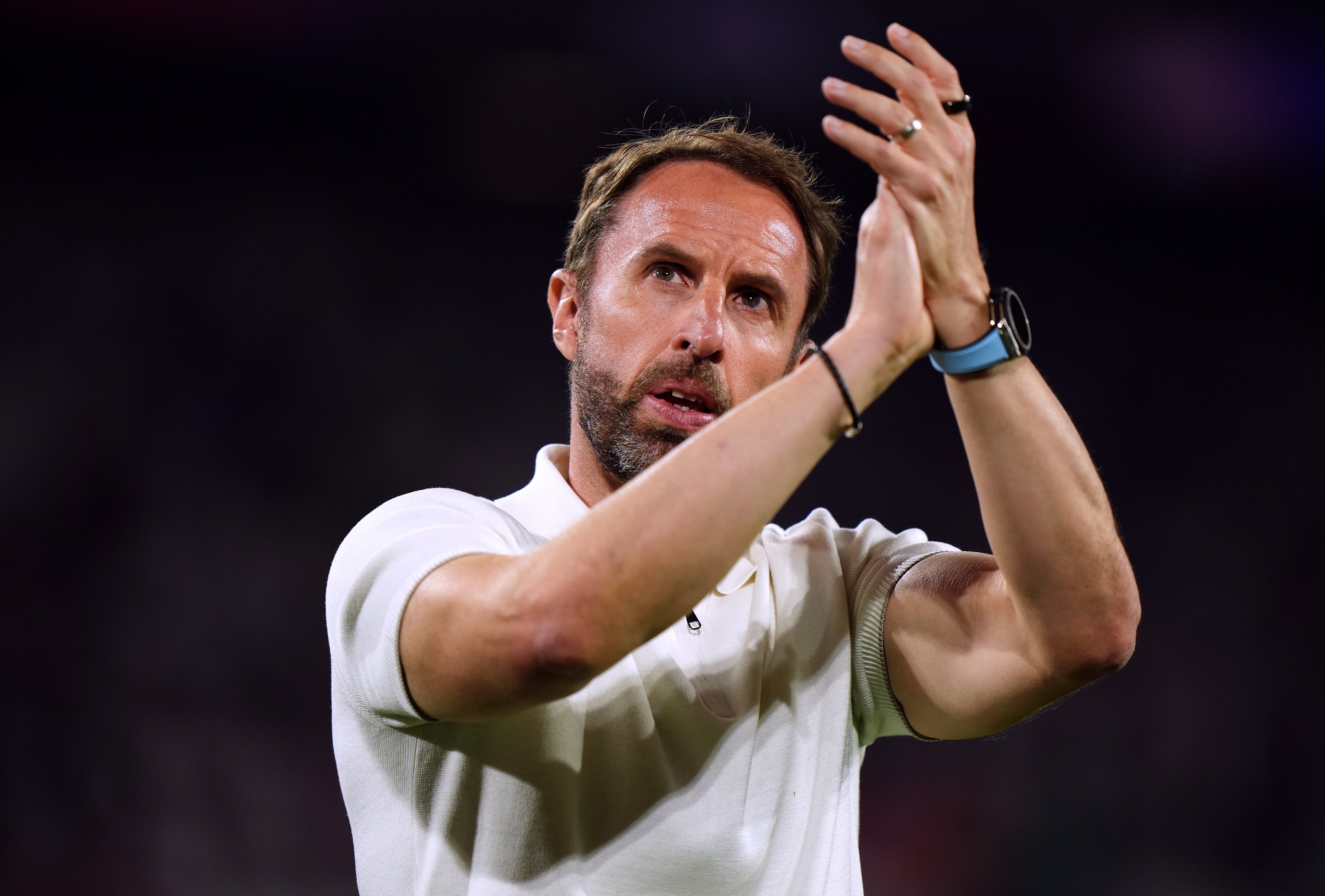 England manager Gareth Southgate applauds fans at the end of the Euro 2024 draw against Slovenia (Bradley Collyer/PA)