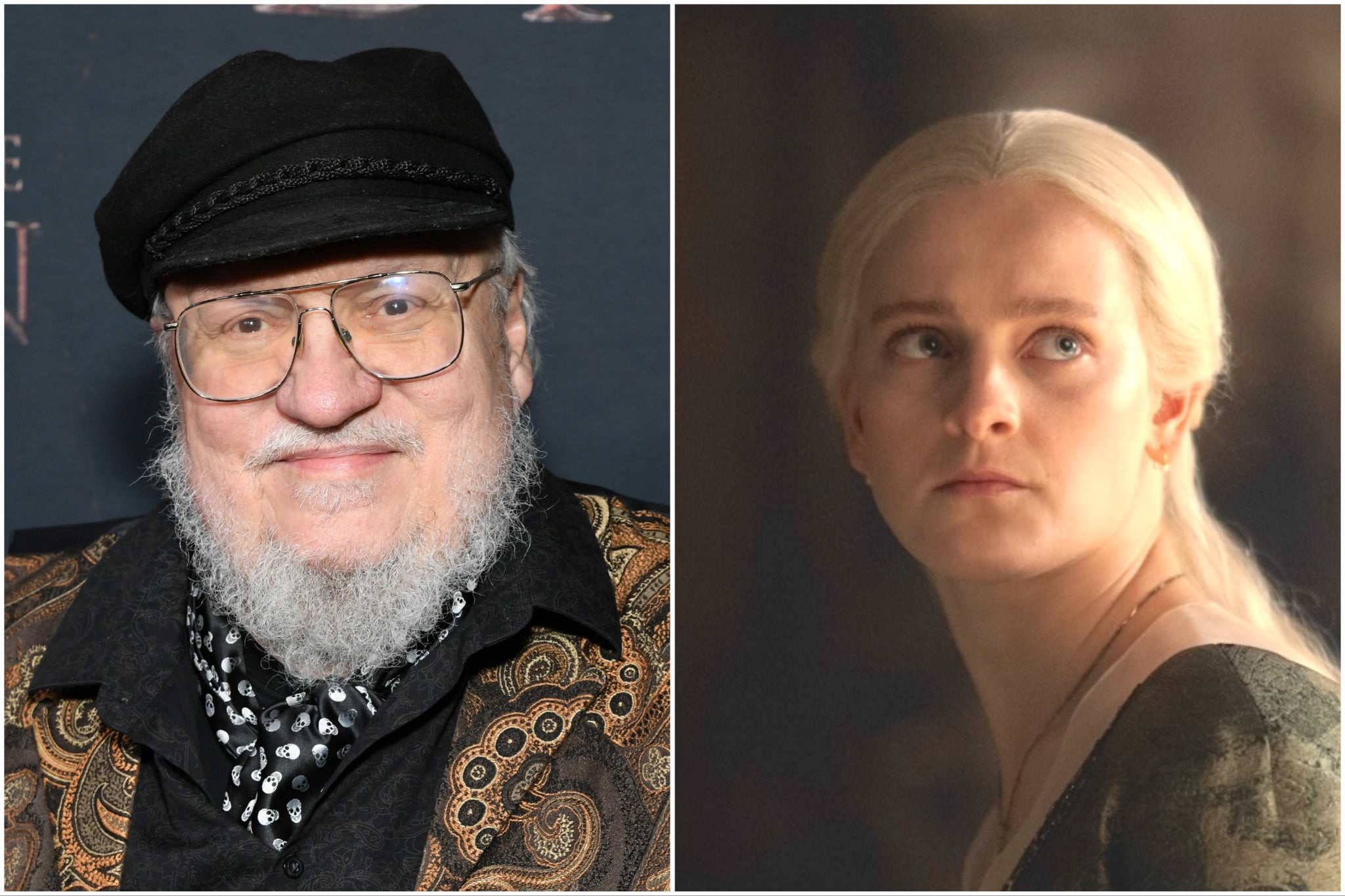 George RR Martin (left) and Phia Saban as Helaena Targaryen in HBO’s ‘House of the Dragon’