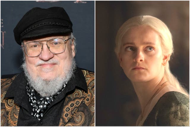 <p>George RR Martin (left) and Phia Saban as Helaena Targaryen in HBO’s ‘House of the Dragon’</p>
