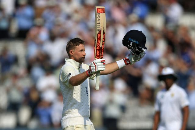 England’s Joe Root celebrates his century (Nigel French/PA)