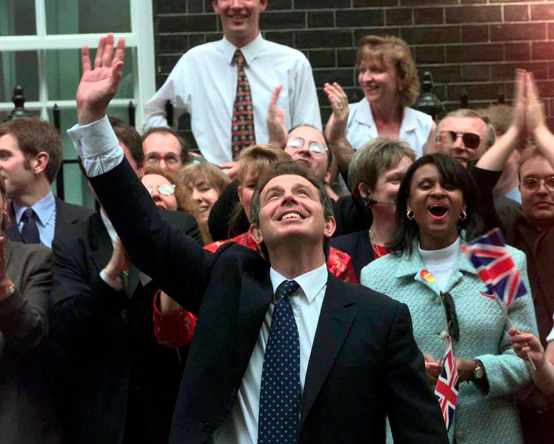 Prime Minister Tony Blair, waves to well wishers in Downing Street, London, May 2, 1997