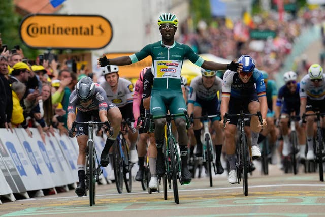 Eritrea’s Biniam Girmay took his second stage win of the Tour de France in Colombey-les-Deux-Eglises (Jerome Delay/AP)