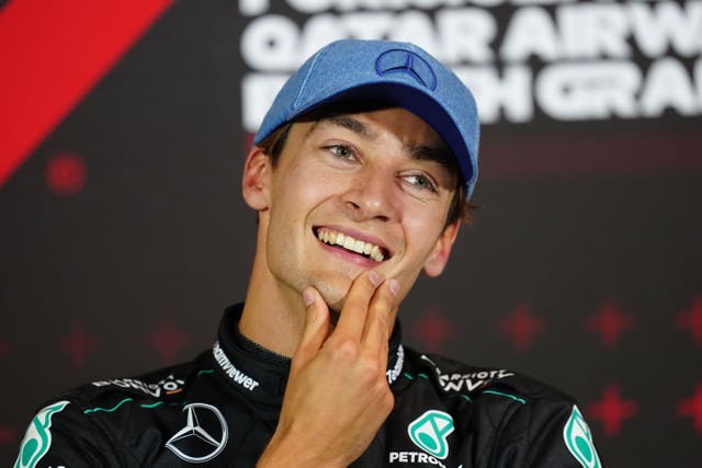 <p>Mercedes’ George Russell after qualifying on pole for the British Grand Prix (David Davies/PA)</p>