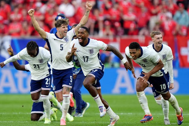 <p>England celebrate their shoot-out win (Bradley Collyer/PA)</p>