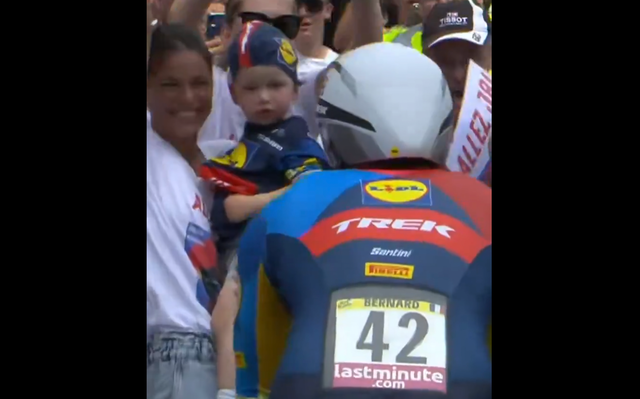 <p>Julien Bernard during stage 7 with his family</p>