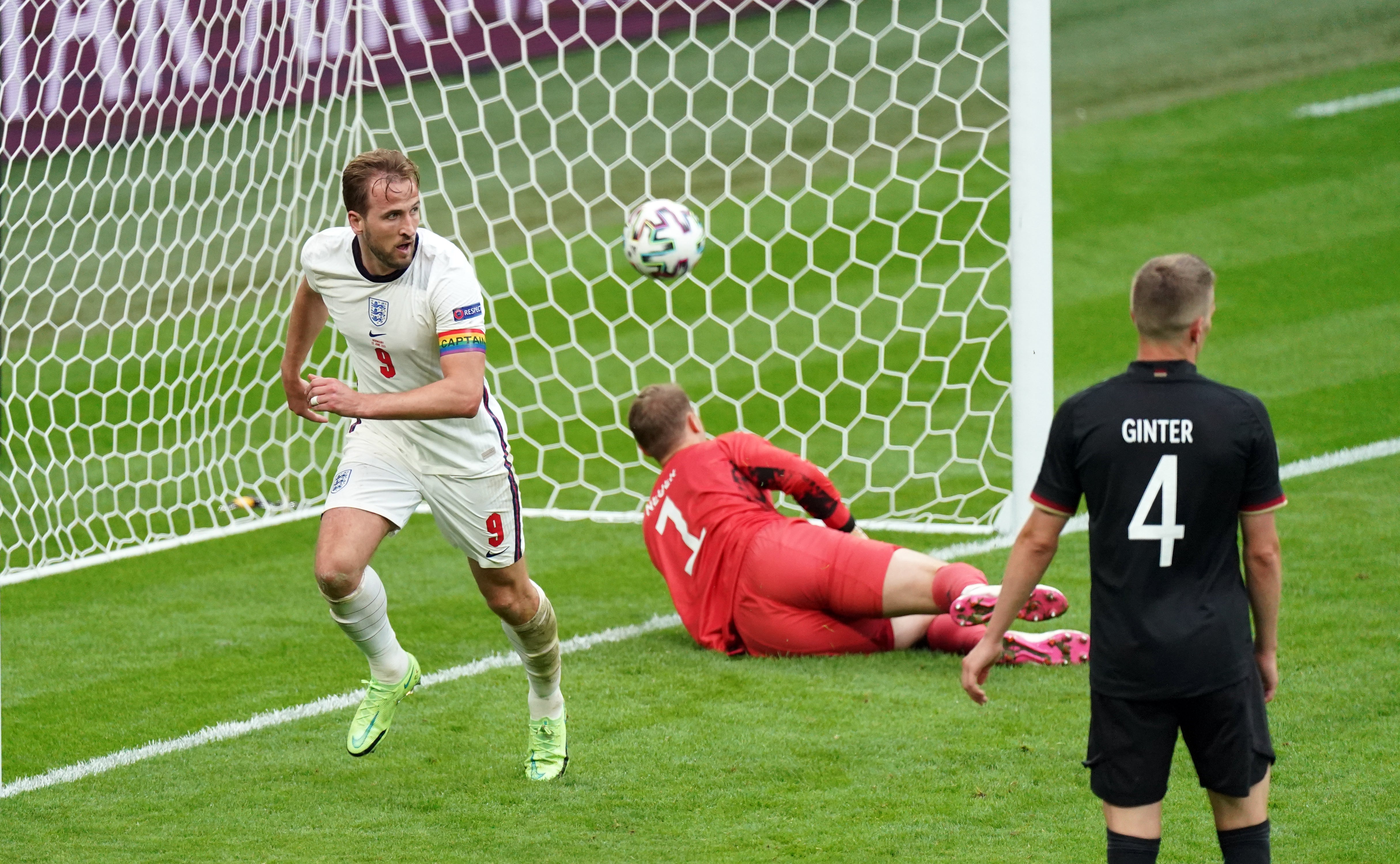 Harry Kane celebrates scoring England’s second goal in the Euro 2020 last-16 win against Germany (Mike Egerton/PA)