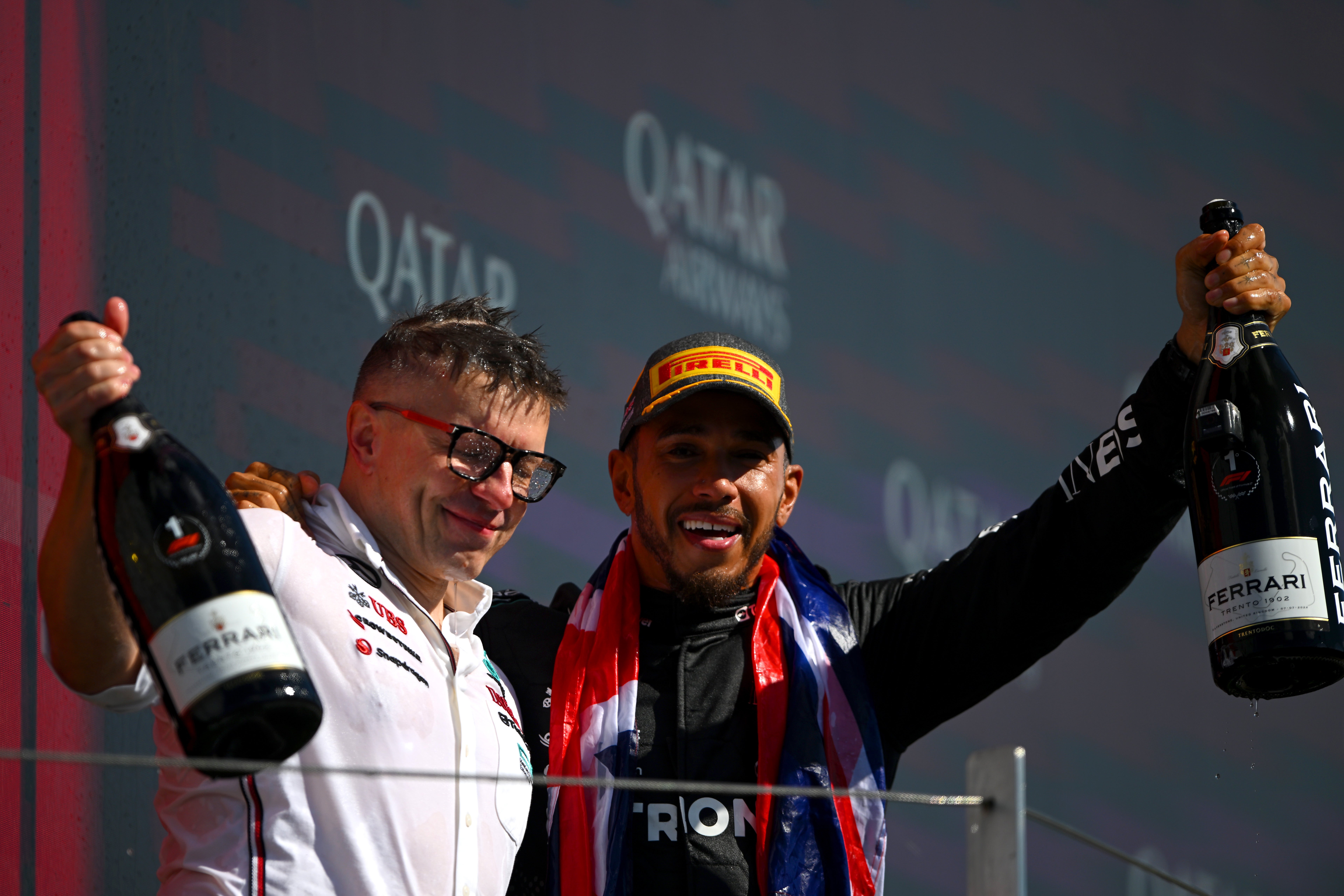 Hamilton’s engineer, Peter Bonnington, was with the Mercedes driver on the podium