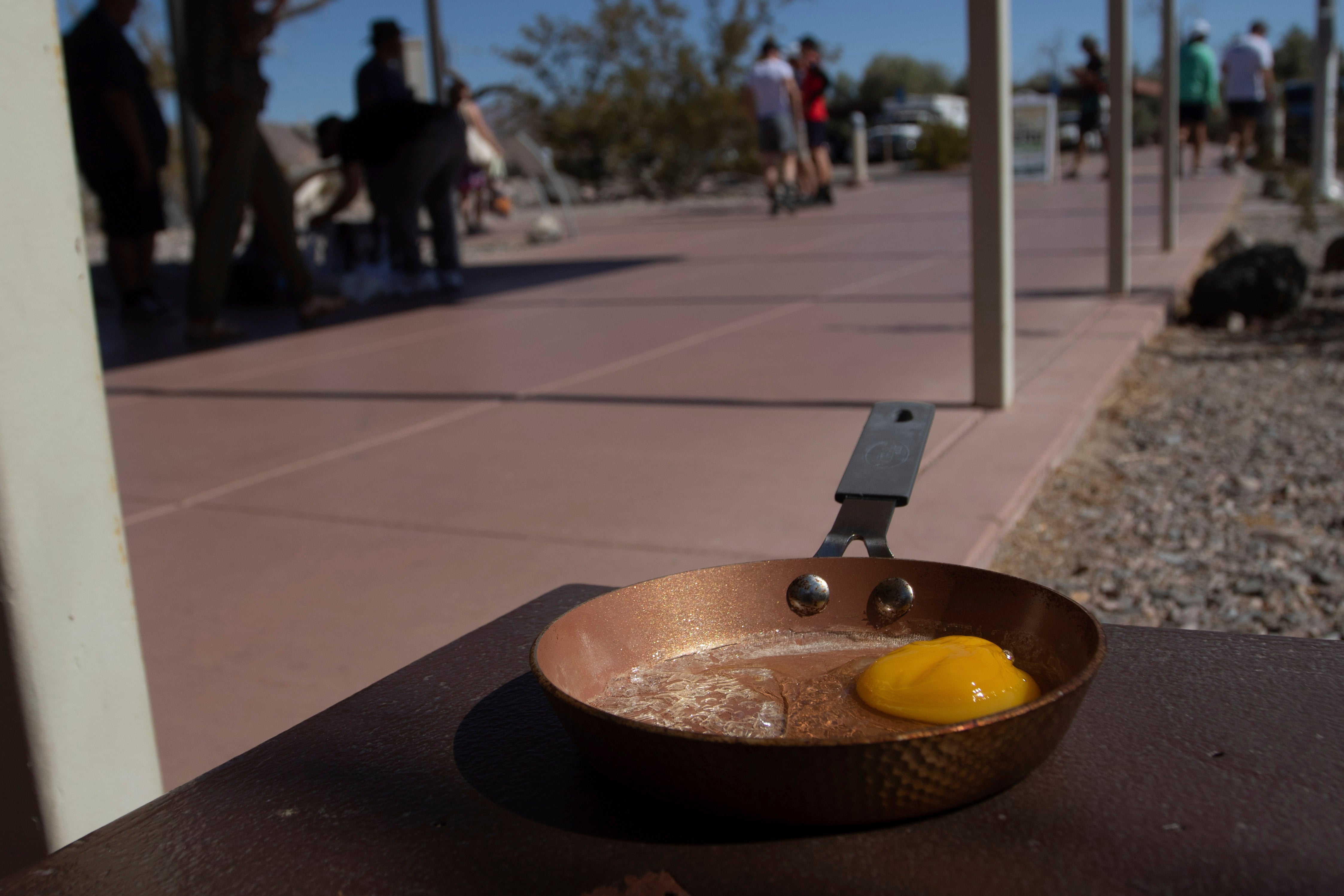 An egg lays in a small frying pan at the Furnace Creek Visitors Center in Death Valley National Park