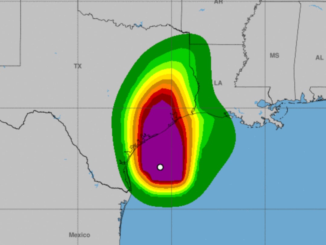 Danger zone: Predictions of strongest winds (purple) as Hurricane Beryl moves across the Gulf of Mexico