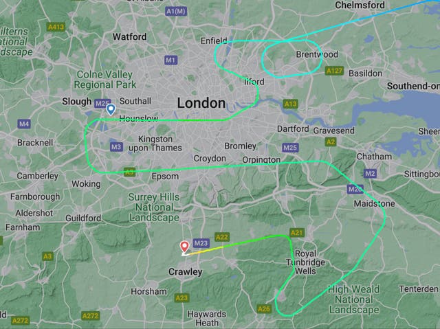 <p>Safe landing: Flightpath of British Airways flight BA919 from Stuttgart to London Heathrow – which diverted to Gatwick</p>