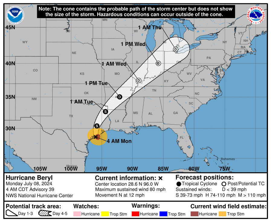 Huragan Beryl przejdzie przez dolną część doliny Mississippi do doliny Ohio