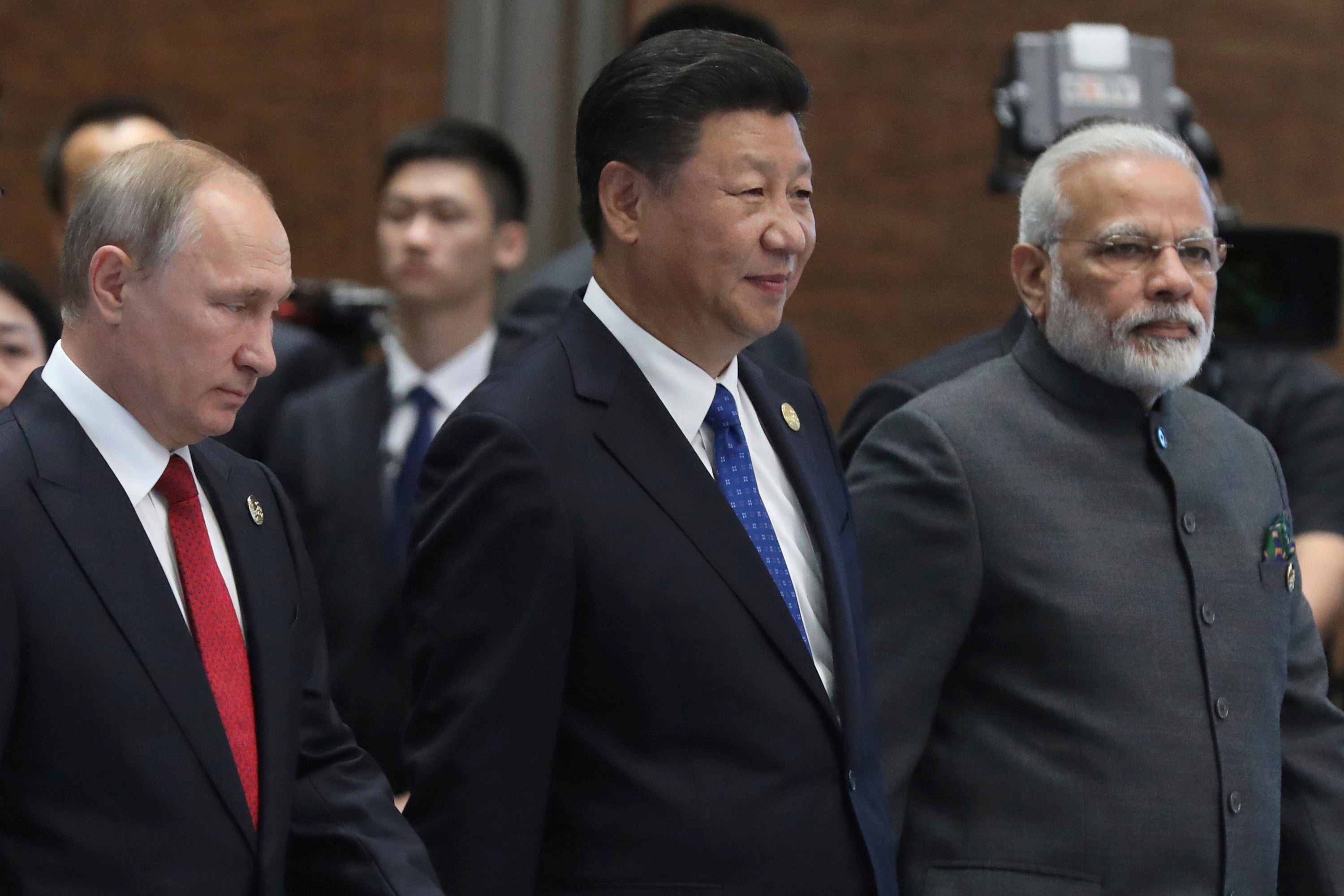 Vladimir Putin, Xi Jinping and Narendra Modi at the Brics summit in Xiamen, China, in 2017