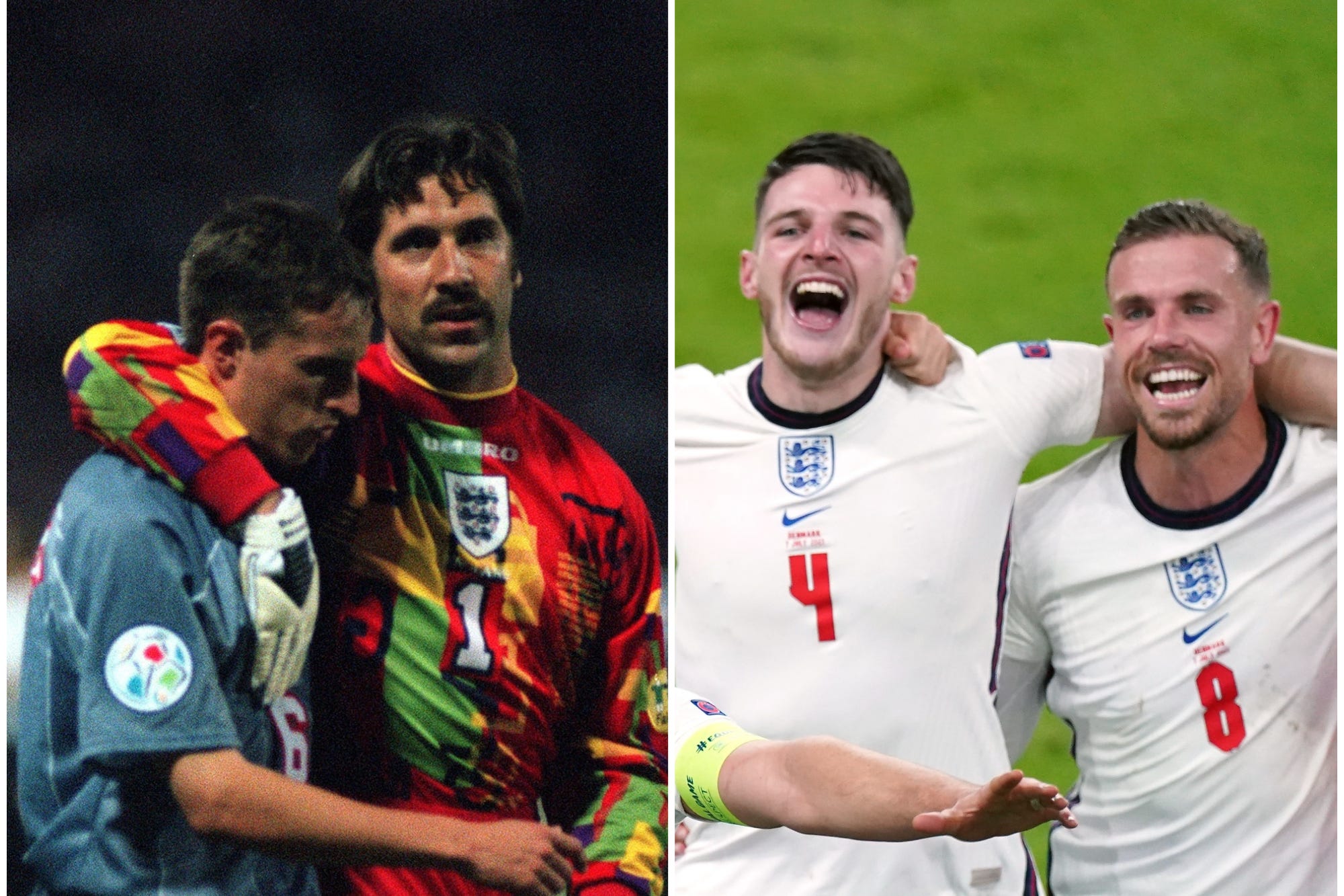 Gareth Southgate is consoled by David Seaman, while Declan Rice and Jordan Henderson celebrate (PA)