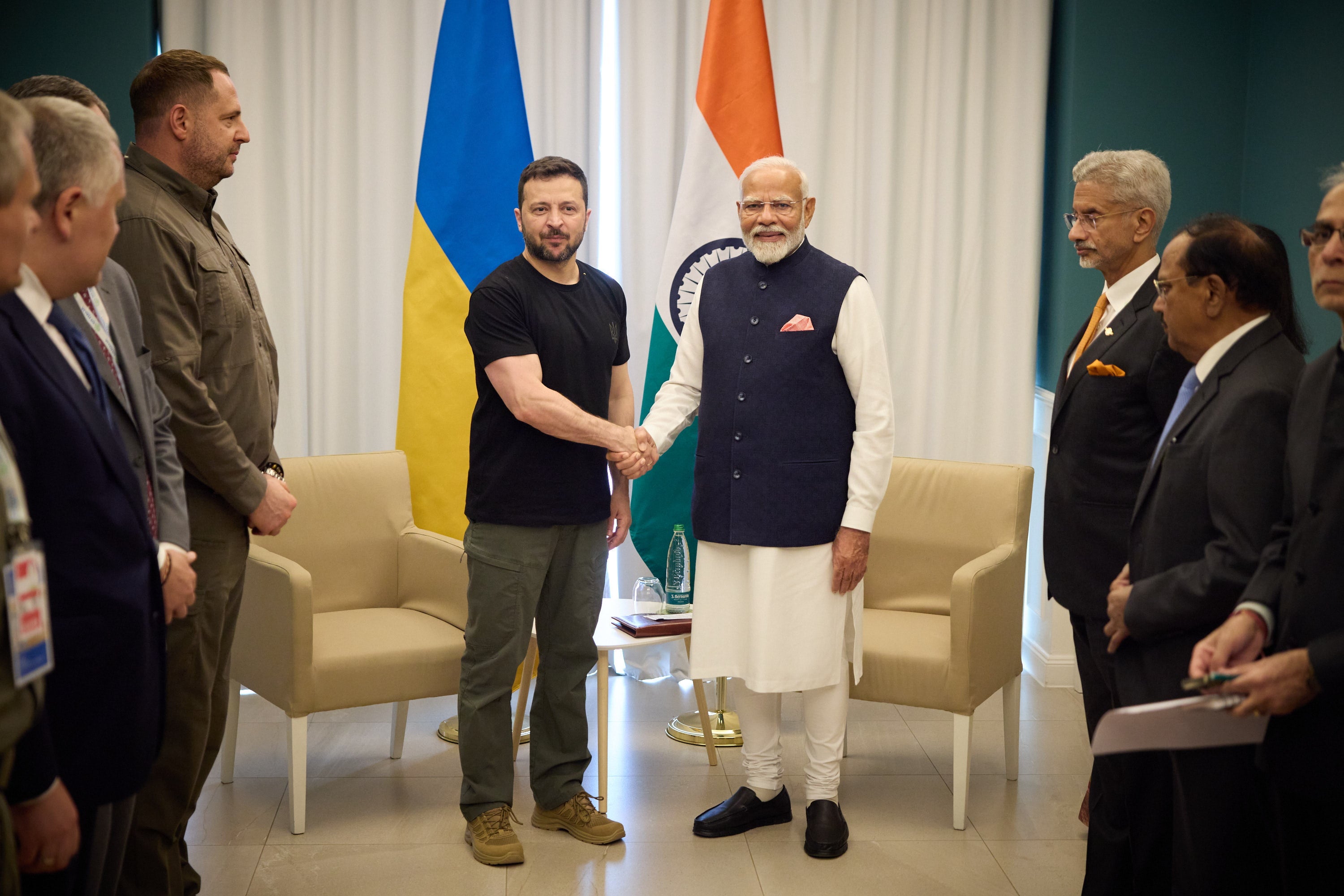 Ukraine's president Volodymyr Zelensky (C-L) meeting Modi during a bilateral meeting in Borgo Egnazia, southern Italy, 14 June 2024
