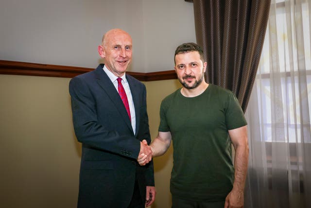 <p>Britain’s Secretary of State for Defence, The Rt Hon John Healey, MP, left, shakes hands with Ukrainian President Volodymyr Zelensky, in Odesa, Ukraine</p>