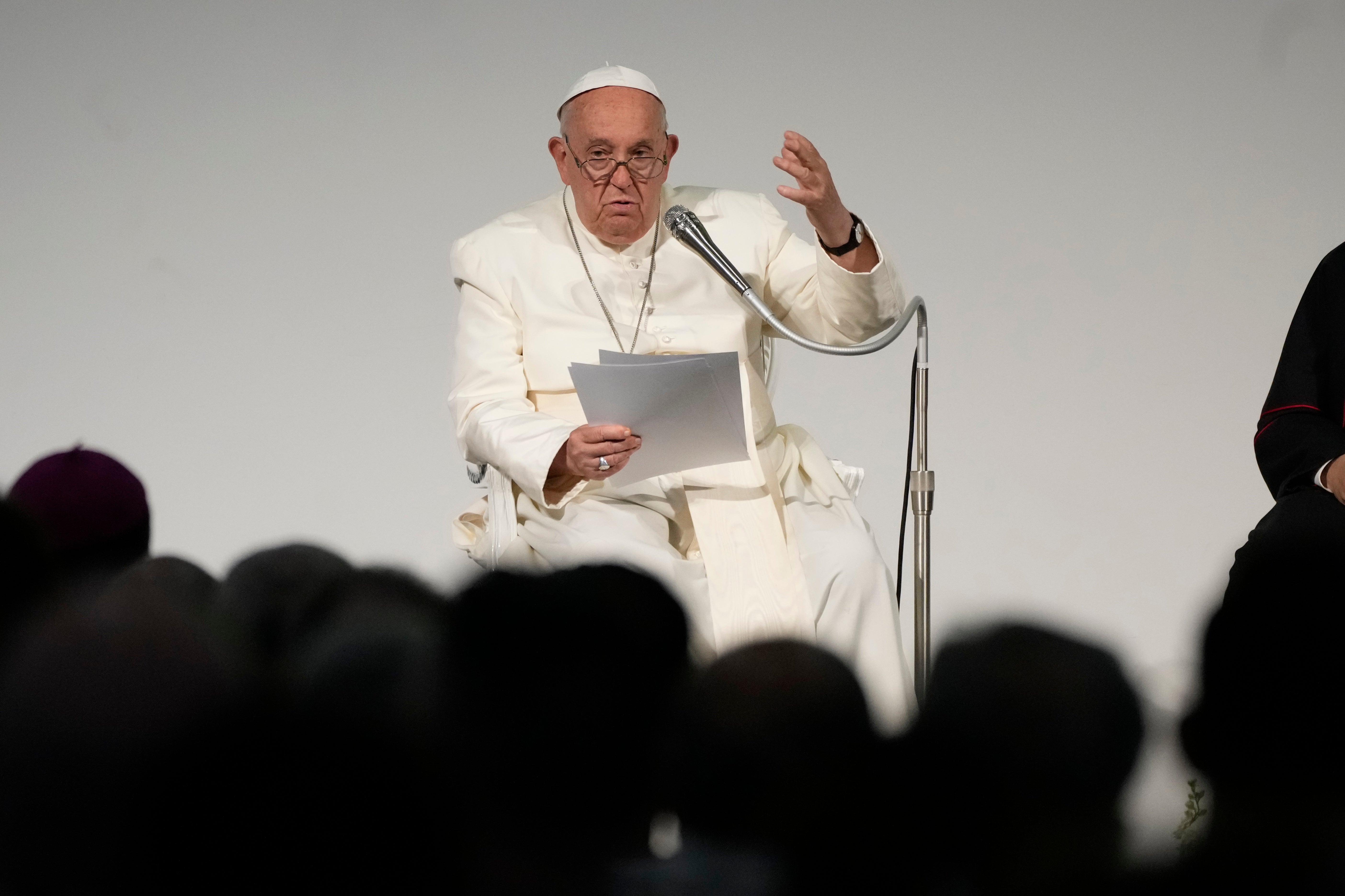 FILE - Pope Francis attends a meeting with the participants of the 50th Social Week of Catholics in Italy, in Trieste, Italy, on July 7, 2024