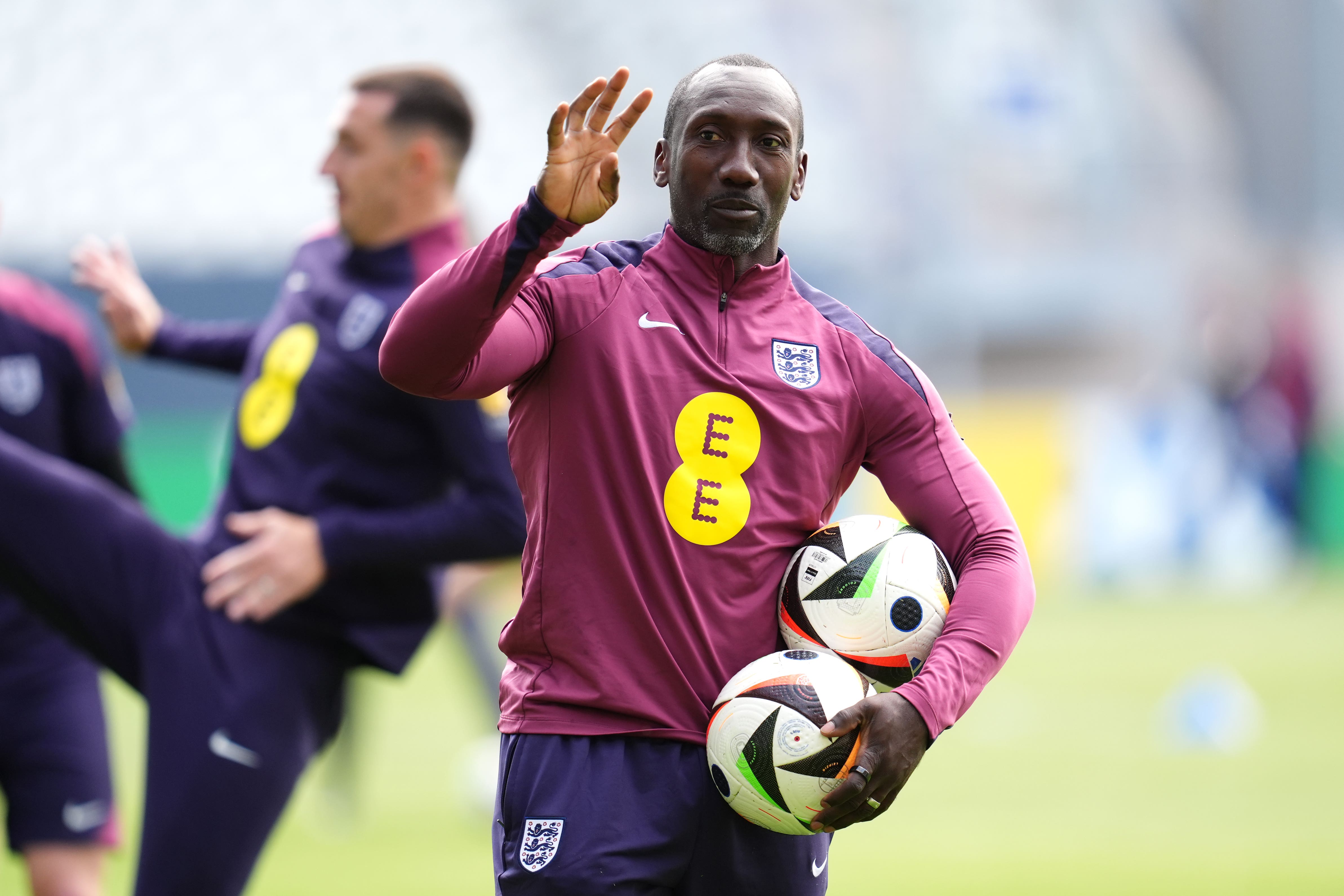 Assistant coach Jimmy Floyd Hasselbaink been working on penalties with England players after training (Adam Davy/PA)