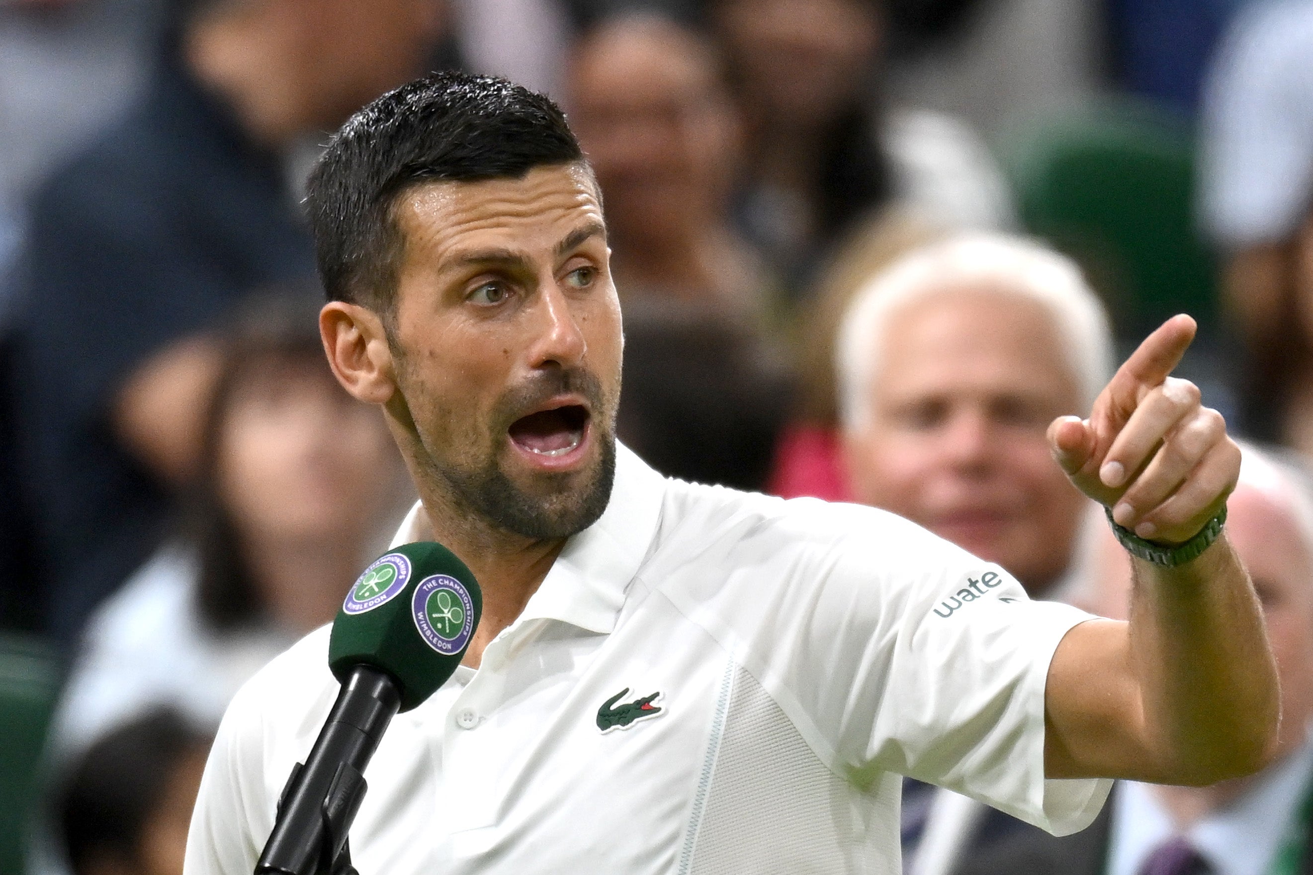 Novak Djokovic addresses the Wimbledon crowd after beating Holger Rune
