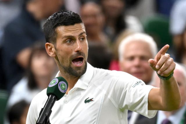 <p>Novak Djokovic addresses the Wimbledon crowd after beating Holger Rune</p>