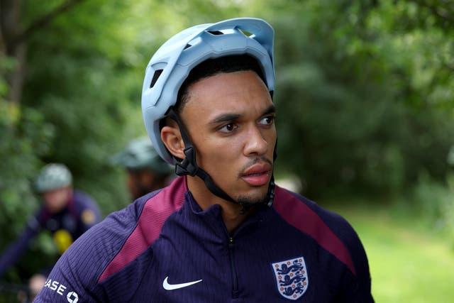 <p>Trent Alexander-Arnold of England cycles as players of England recover at Spa & Golf Resort Weimarer Land</p>