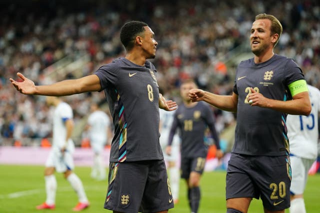 Trent Alexander-Arnold, left, with England captain Harry Kane (Mike Egerton/PA)