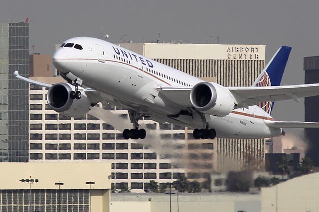 <p>A United Airlines plane takes off at LAX on January 9, 2013</p>