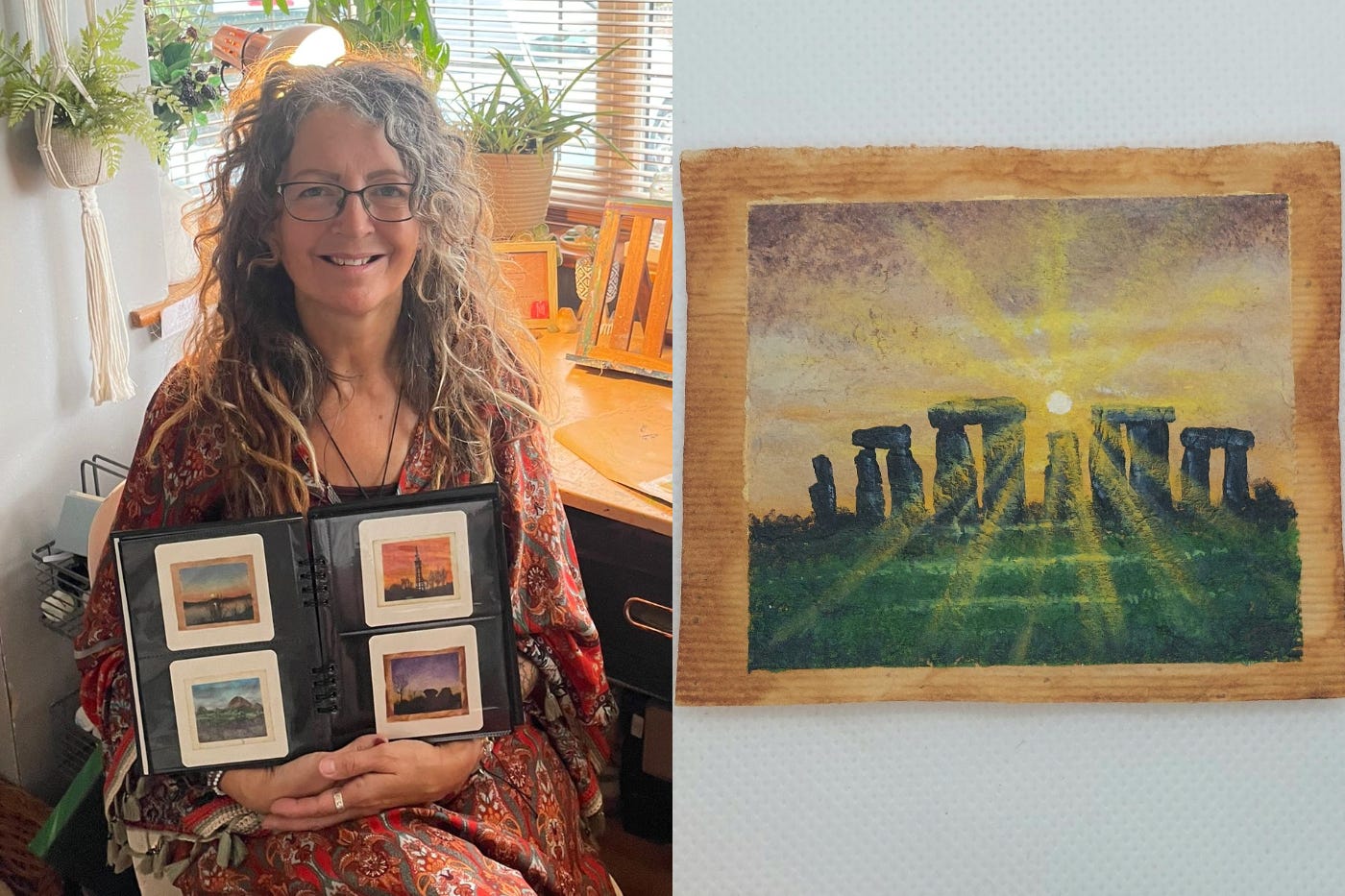 Caroline West has painted UK landmarks, including Stonehenge, on used teabags (Ella Sandy/Caroline West/PA)
