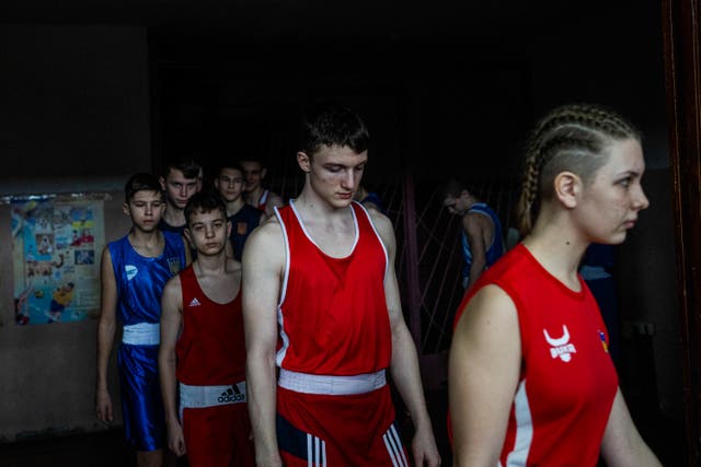 <p>Young boxers enter the opening ceremony of a boxing tournament in honor of Maksym Halinichev</p>
