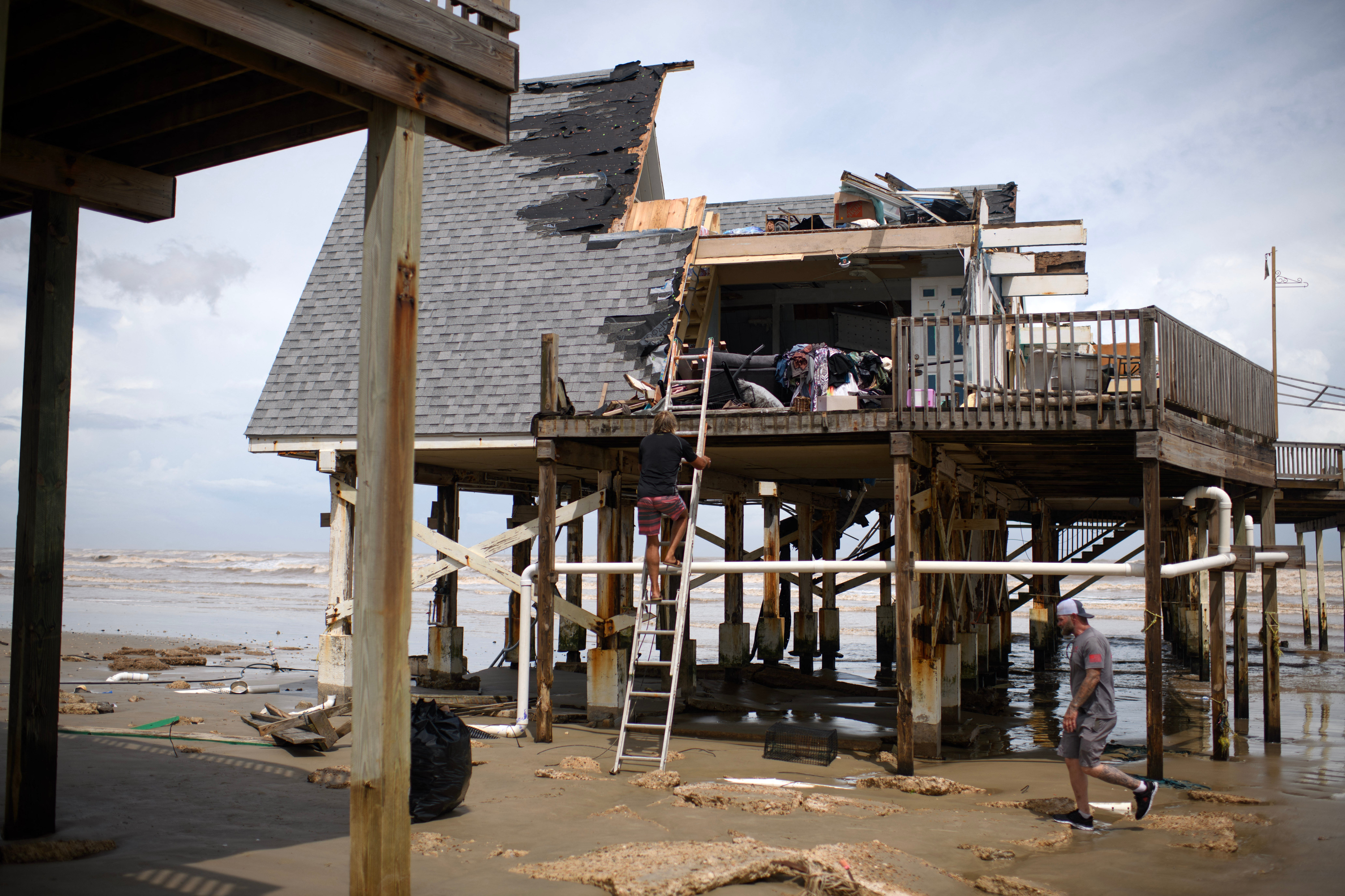 The remains of a home which was destroyed in Surfside Beach, Texas, on July 8, 2024