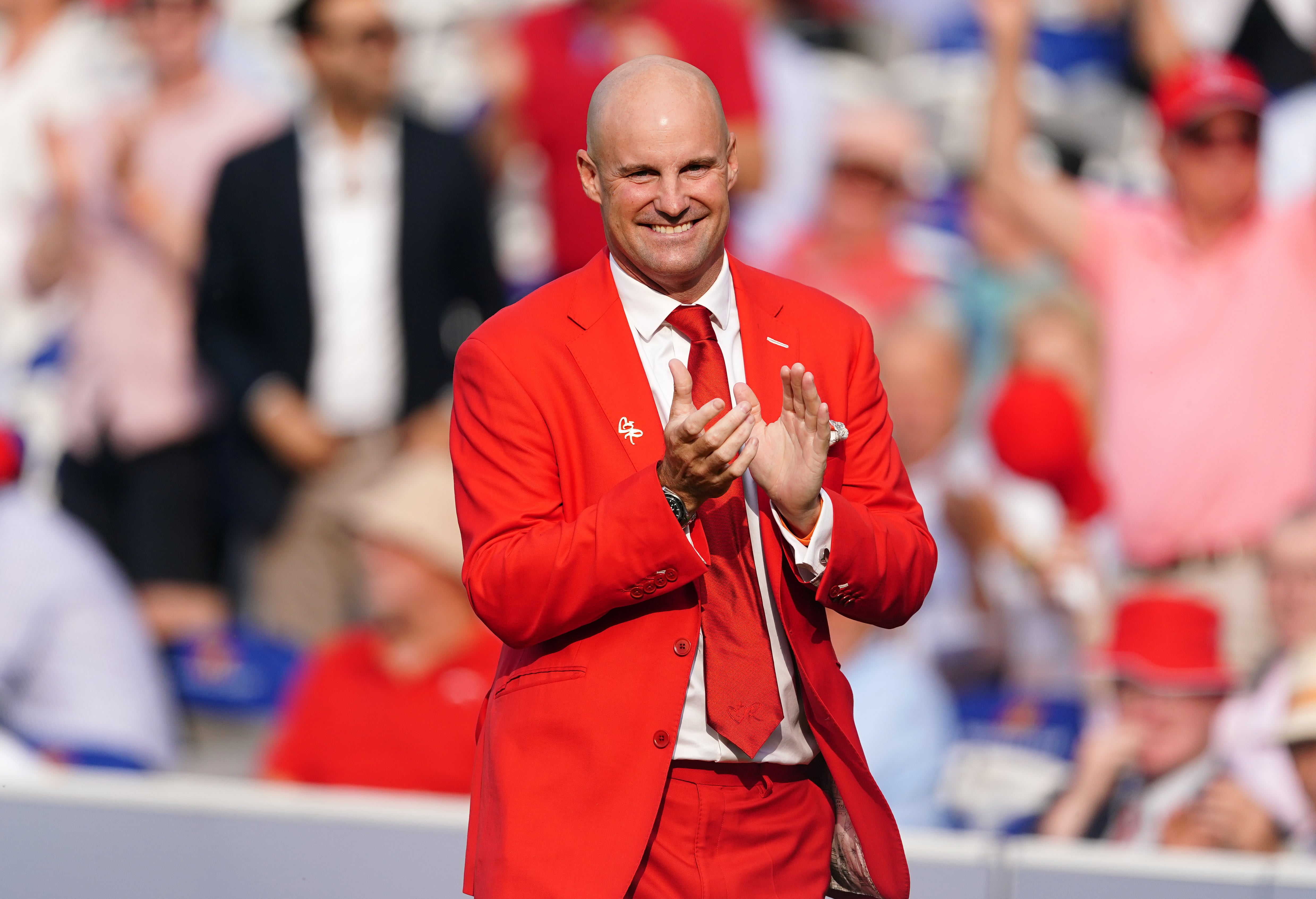 Sir Andrew Strauss wearing his ‘Red for Ruth’ at Lord’s last summer (Mike Egerton/PA)